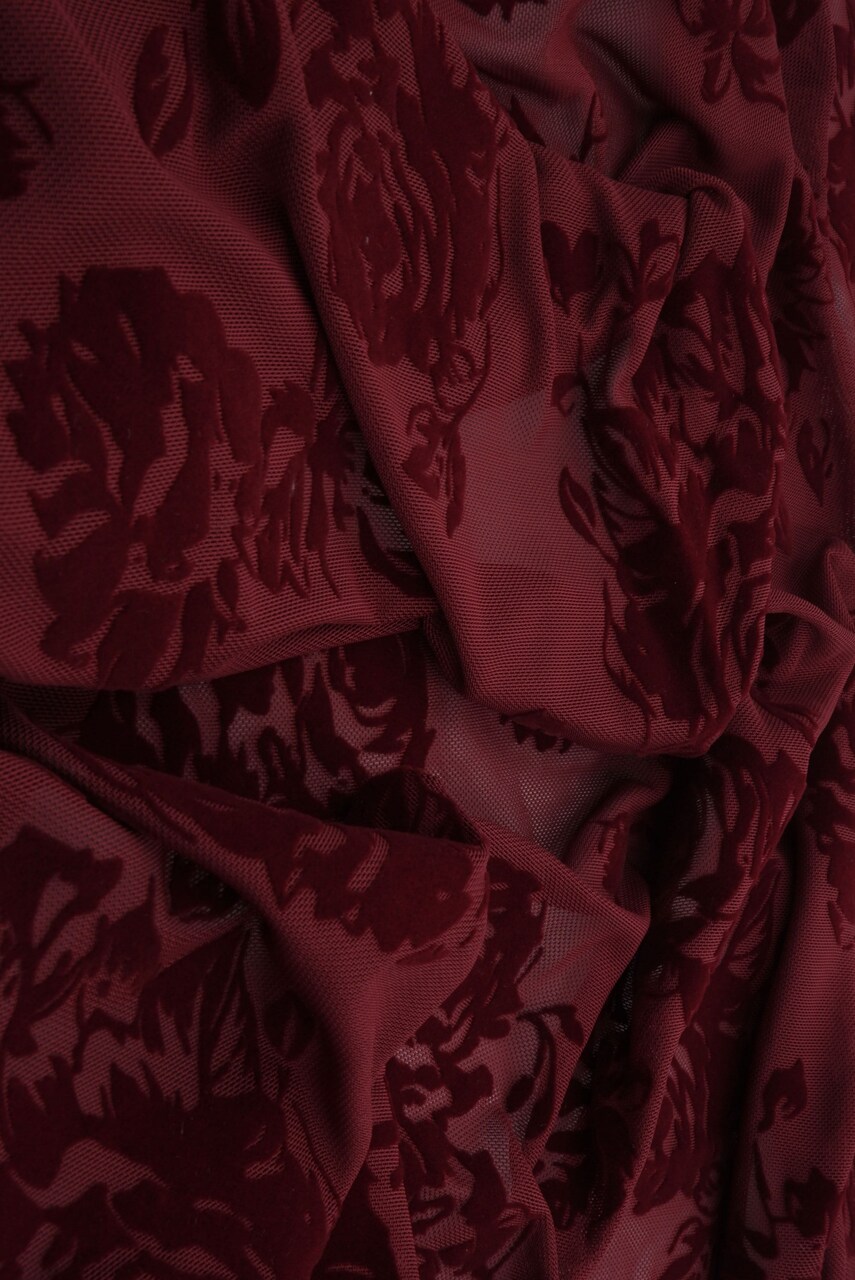 1 Yard Burgundy Mesh Floral Flocking Fabric, 56/57″ Wide Polyester Spandex Blend